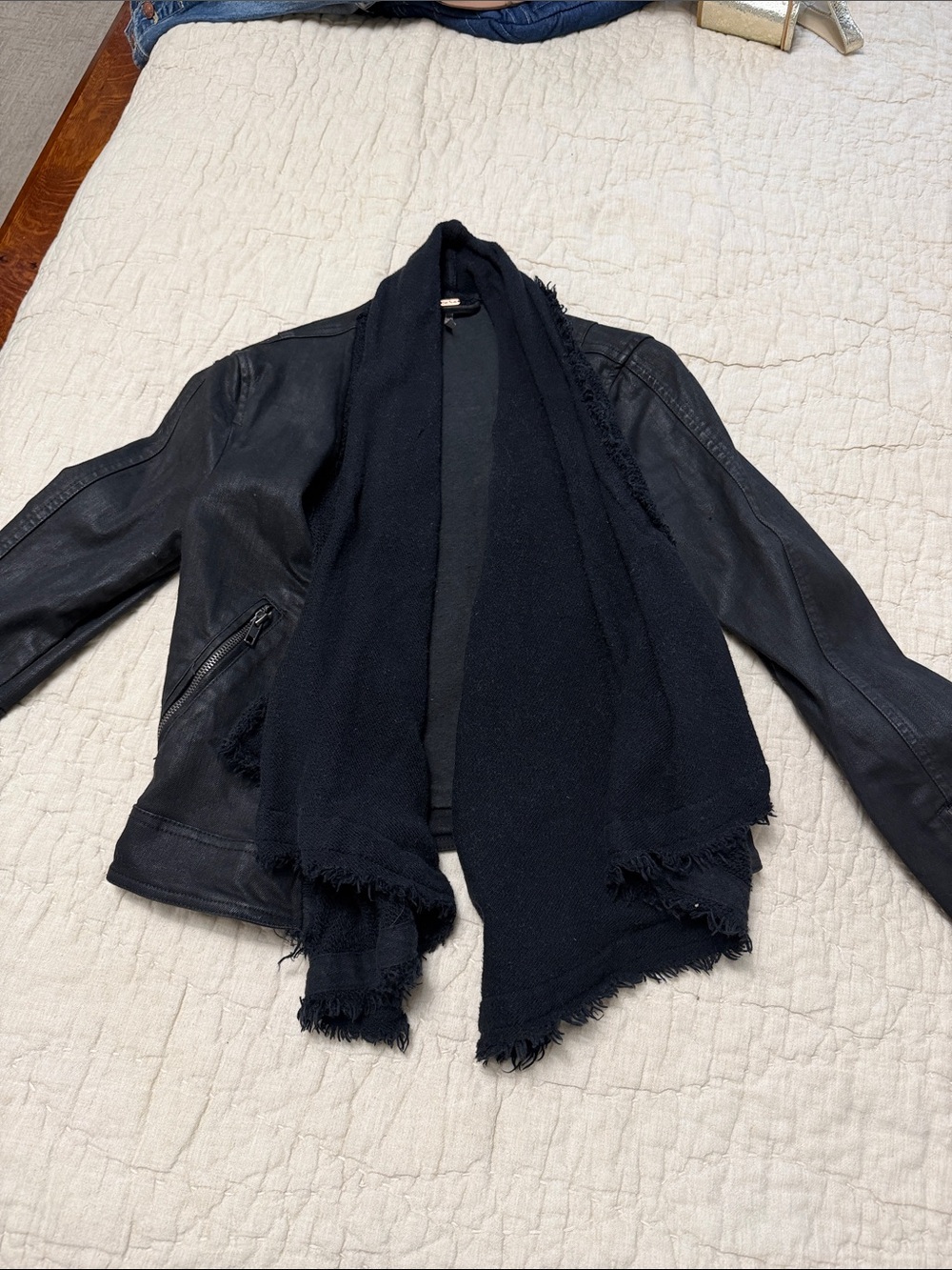 Free People Black Leather Jacket with Black Fringe Scarf